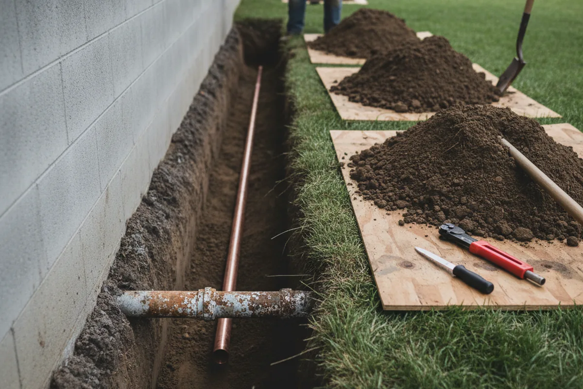 Excavated water line trench during Water Softener Installation in Montgomery